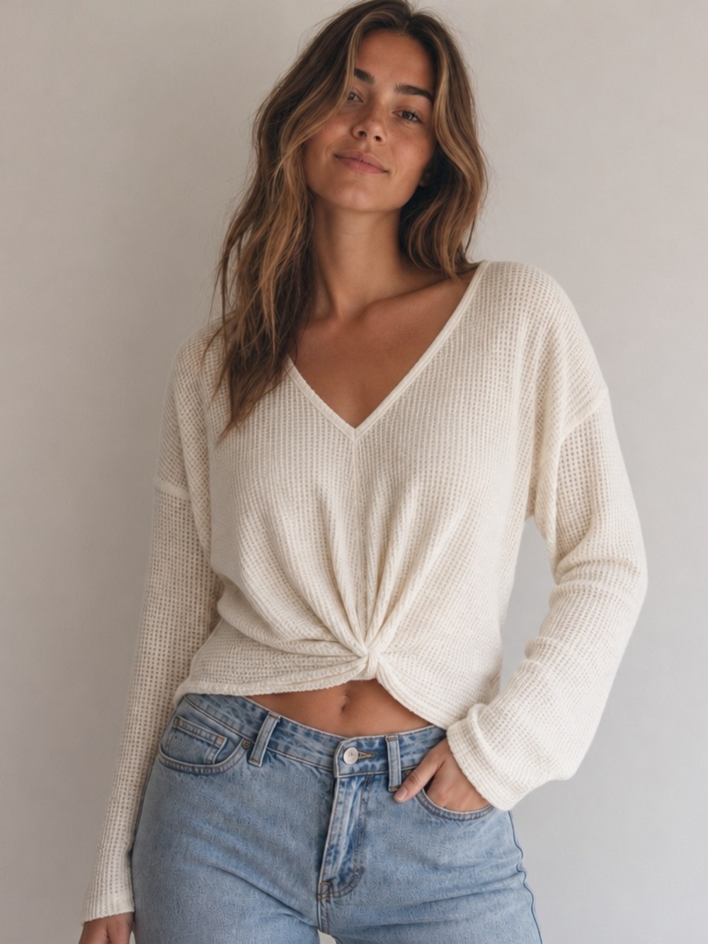 Anthropologie Bohemian Indie Grunge Waffle-Knit Twist Front Pullover Sweater S